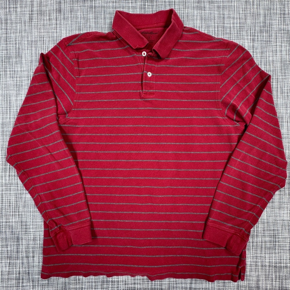 Eddie Bauer Mens Large Long Sleeve Polo Shirt Red Gray Striped 100% Cotton Pique